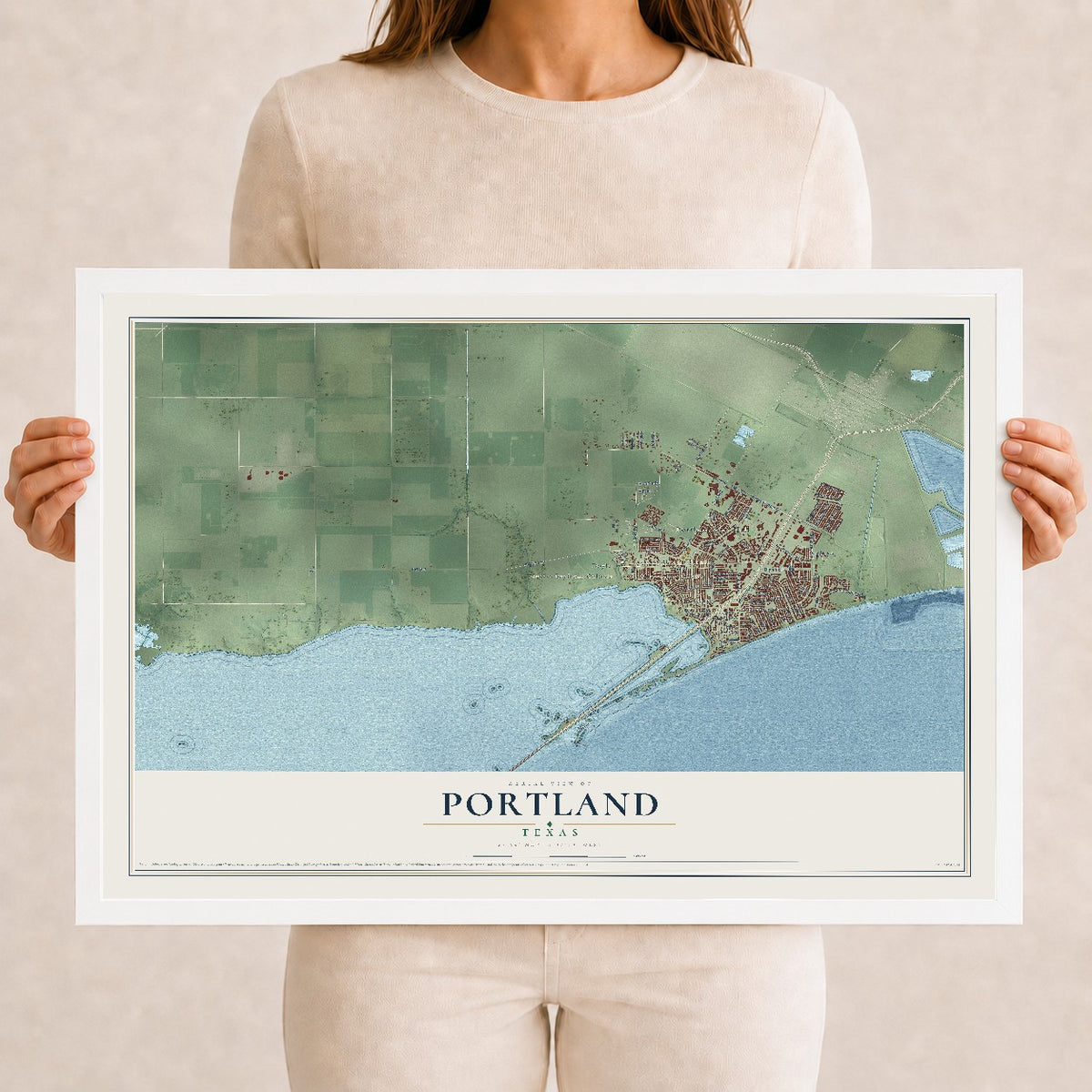 Map of Portland, Texas, 12 x 18 inch print in a white wood frame