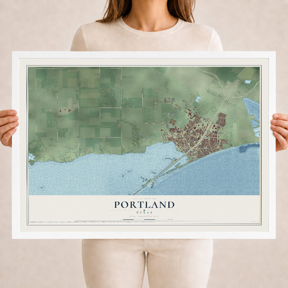Map of Portland, Texas, 18 x 24 inch print in a white wood frame