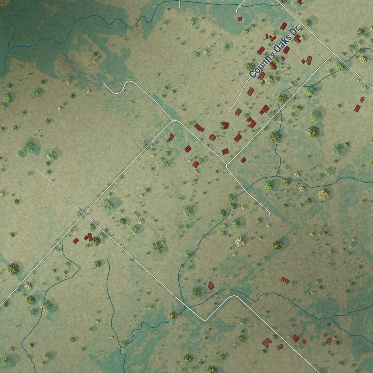 Second close-up of the map of Post Oak Bend, Texas print showing more streets and buildings