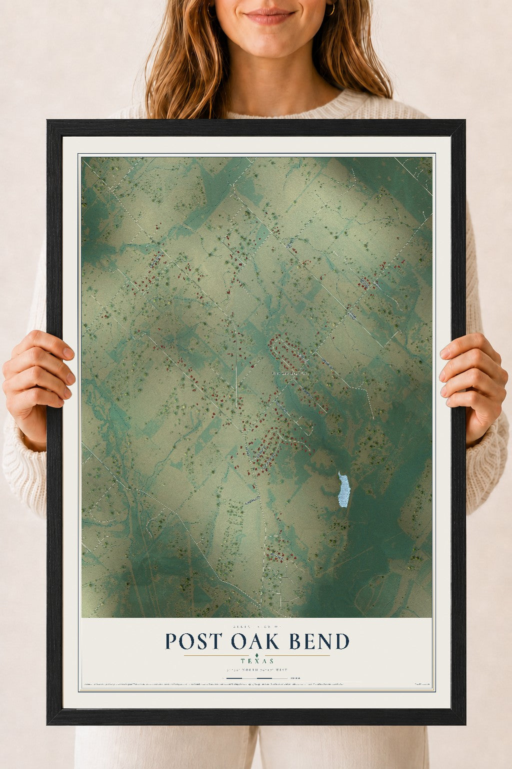 Map of Post Oak Bend, Texas, 18 x 24 inch print in a black wood frame