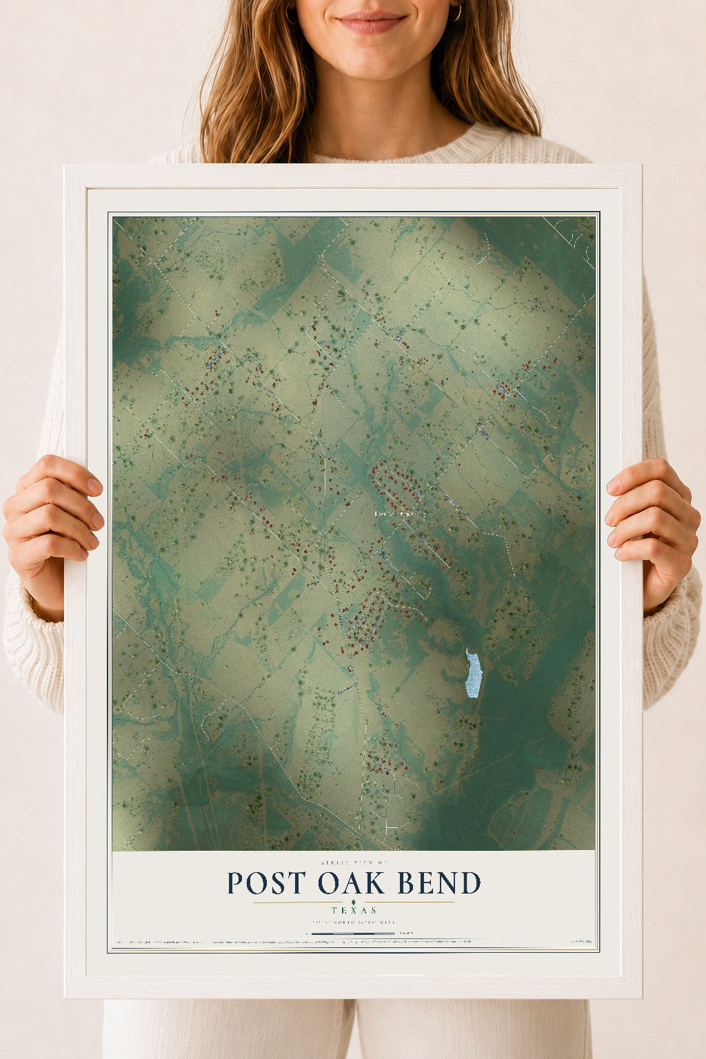 Map of Post Oak Bend, Texas, 18 x 24 inch print in a white wood frame