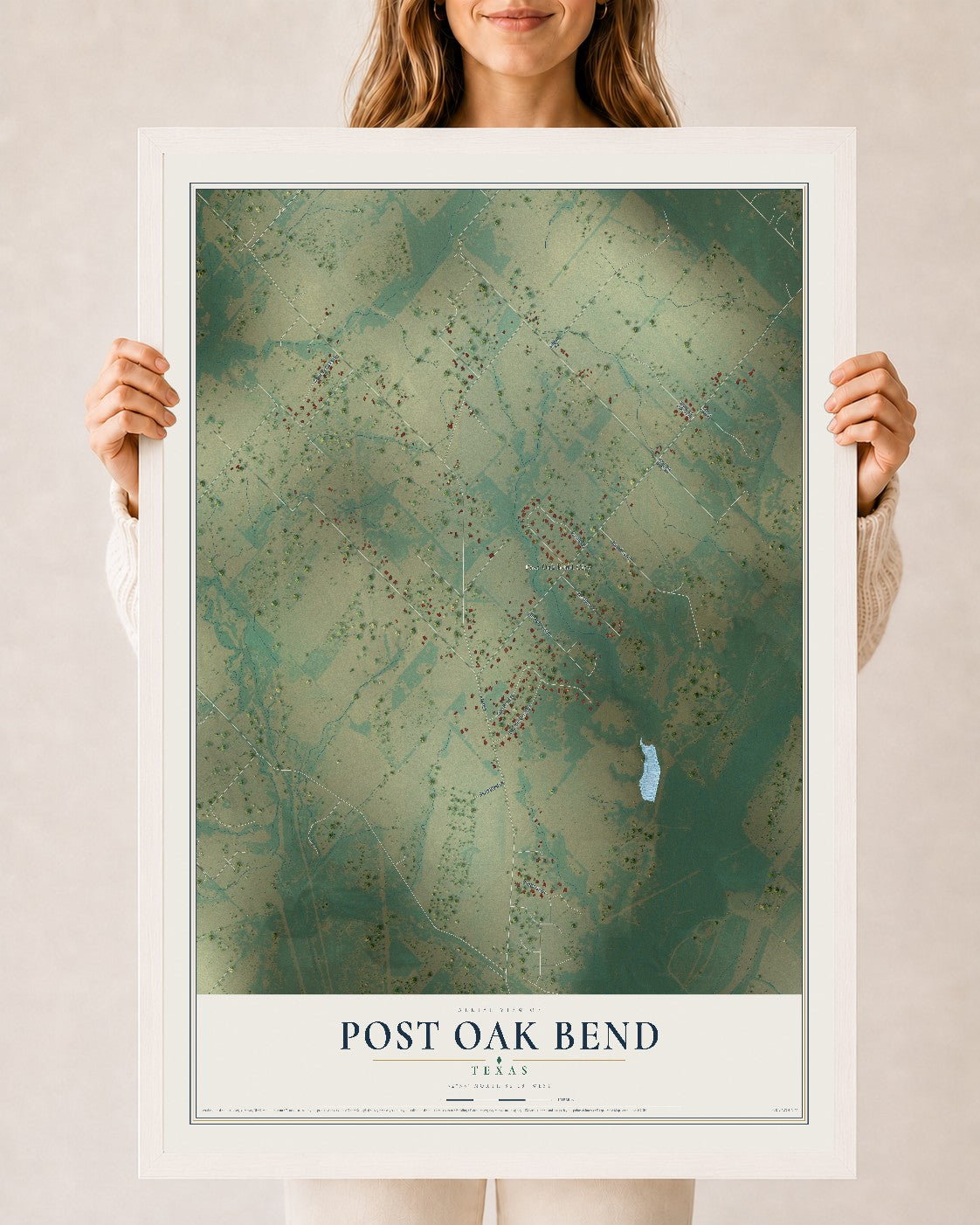 Map of Post Oak Bend, Texas, 24 x 36 inch print in a white wood frame