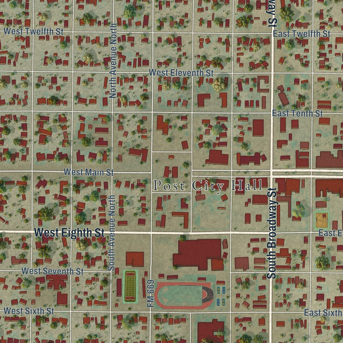 Close-up of the map of Post, Texas print showing street and building detail