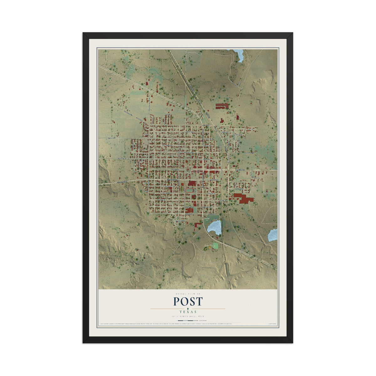 Map of Post, Texas, 12 x 18 inch print in a black wood frame