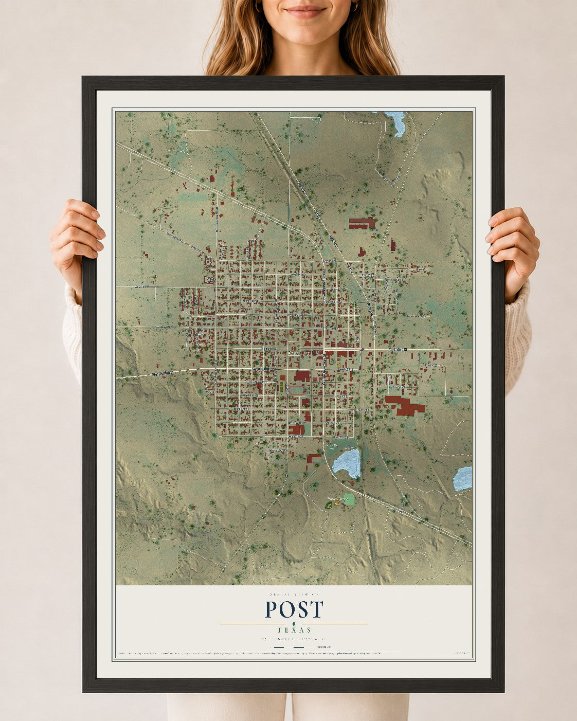 Map of Post, Texas, 24 x 36 inch print in a black wood frame