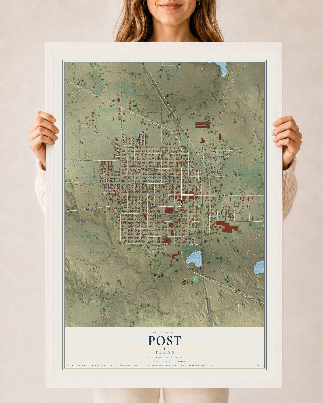 Map of Post, Texas, 24 x 36 inch print in a white wood frame