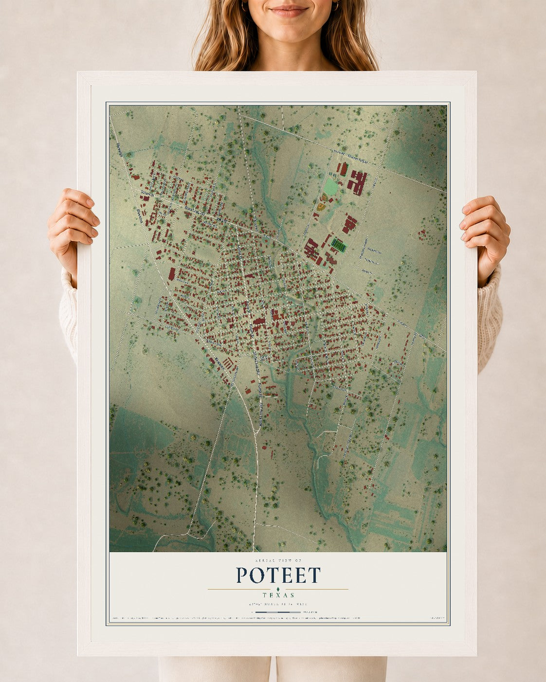 Map of Poteet, Texas, 24 x 36 inch print in a white wood frame