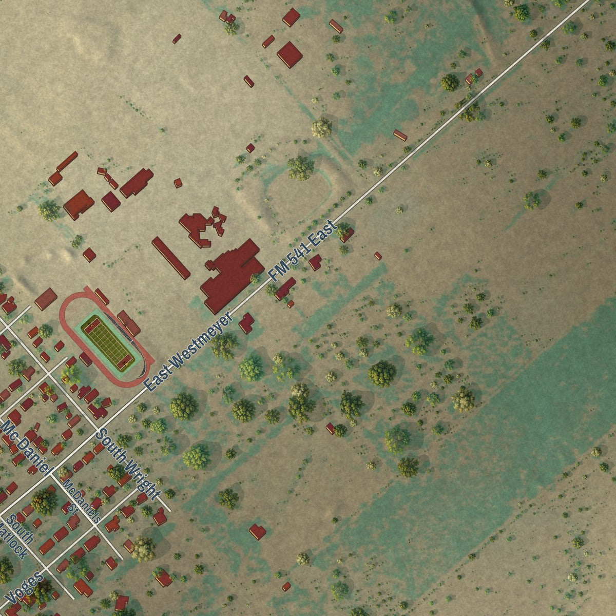 Second close-up of the map of Poth, Texas print showing more streets and buildings