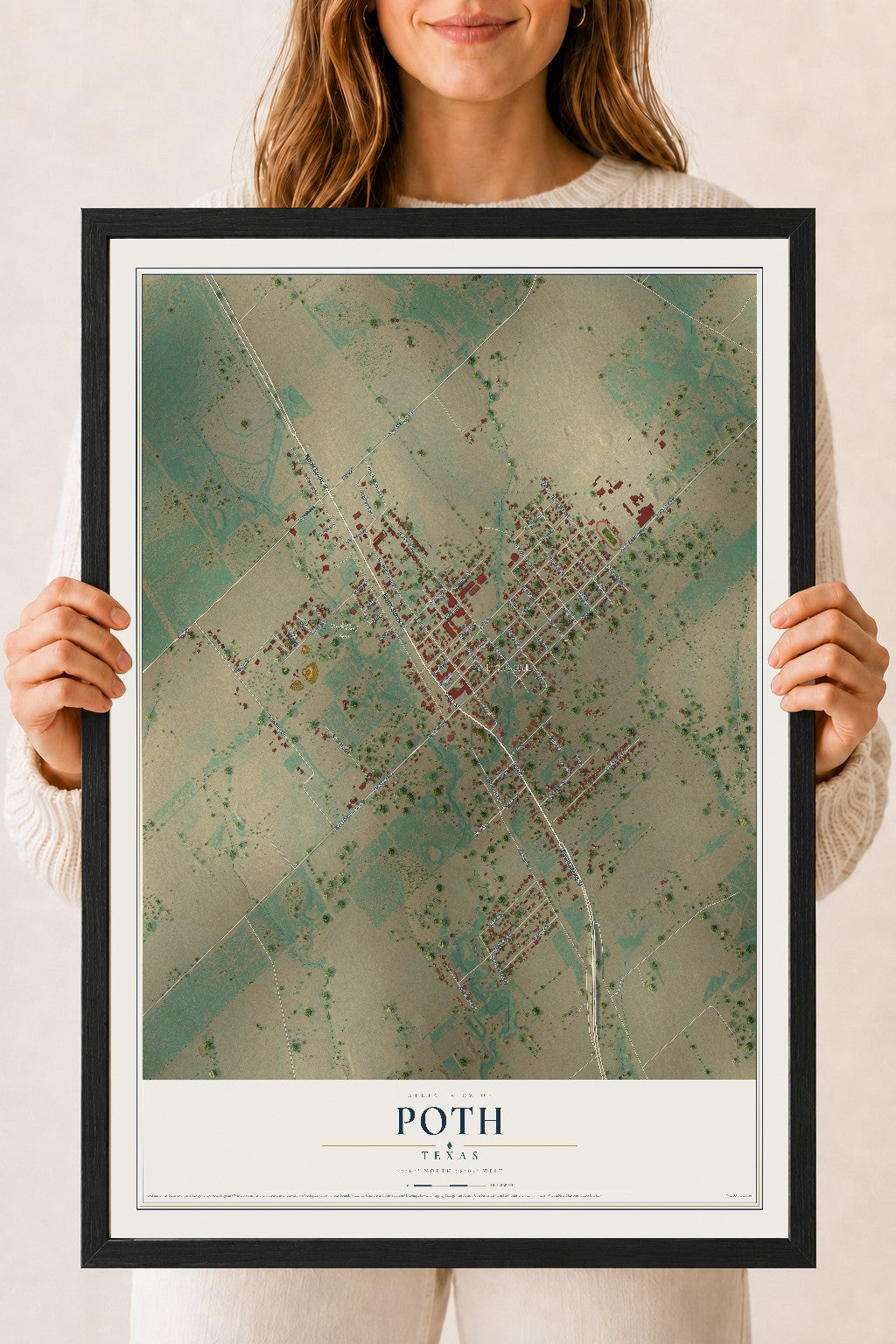 Map of Poth, Texas, 18 x 24 inch print in a black wood frame