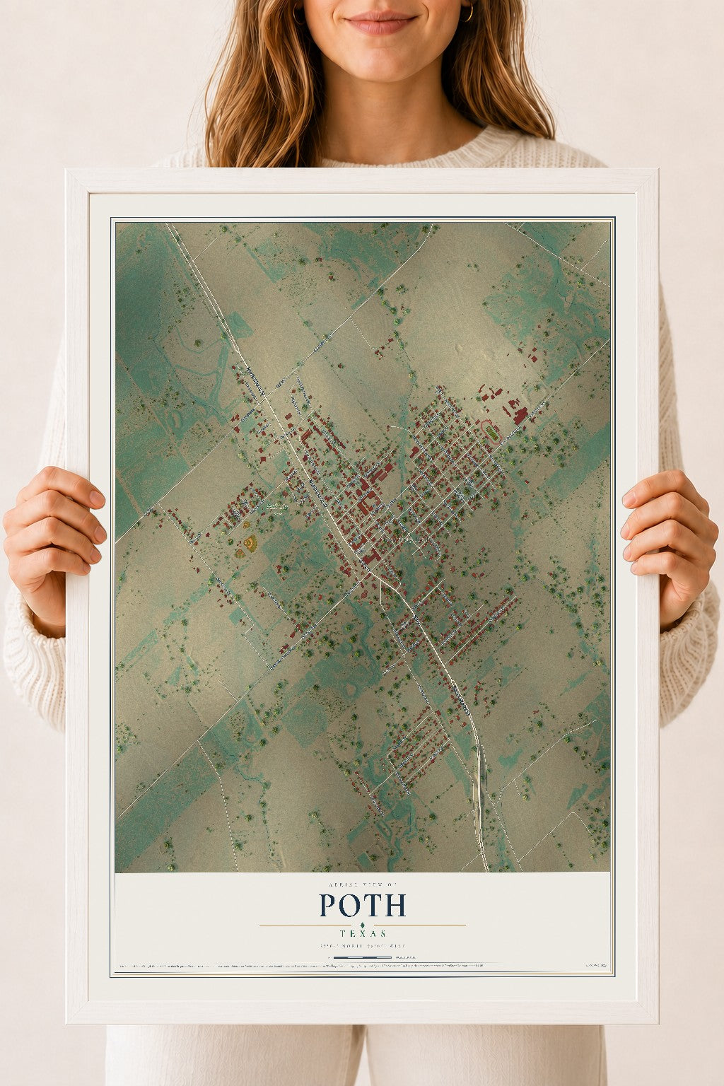 Map of Poth, Texas, 18 x 24 inch print in a white wood frame