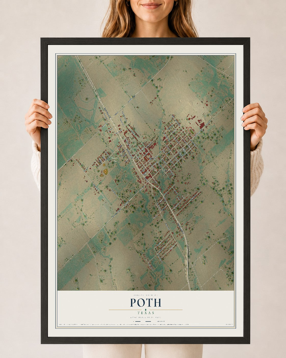 Map of Poth, Texas, 24 x 36 inch print in a black wood frame