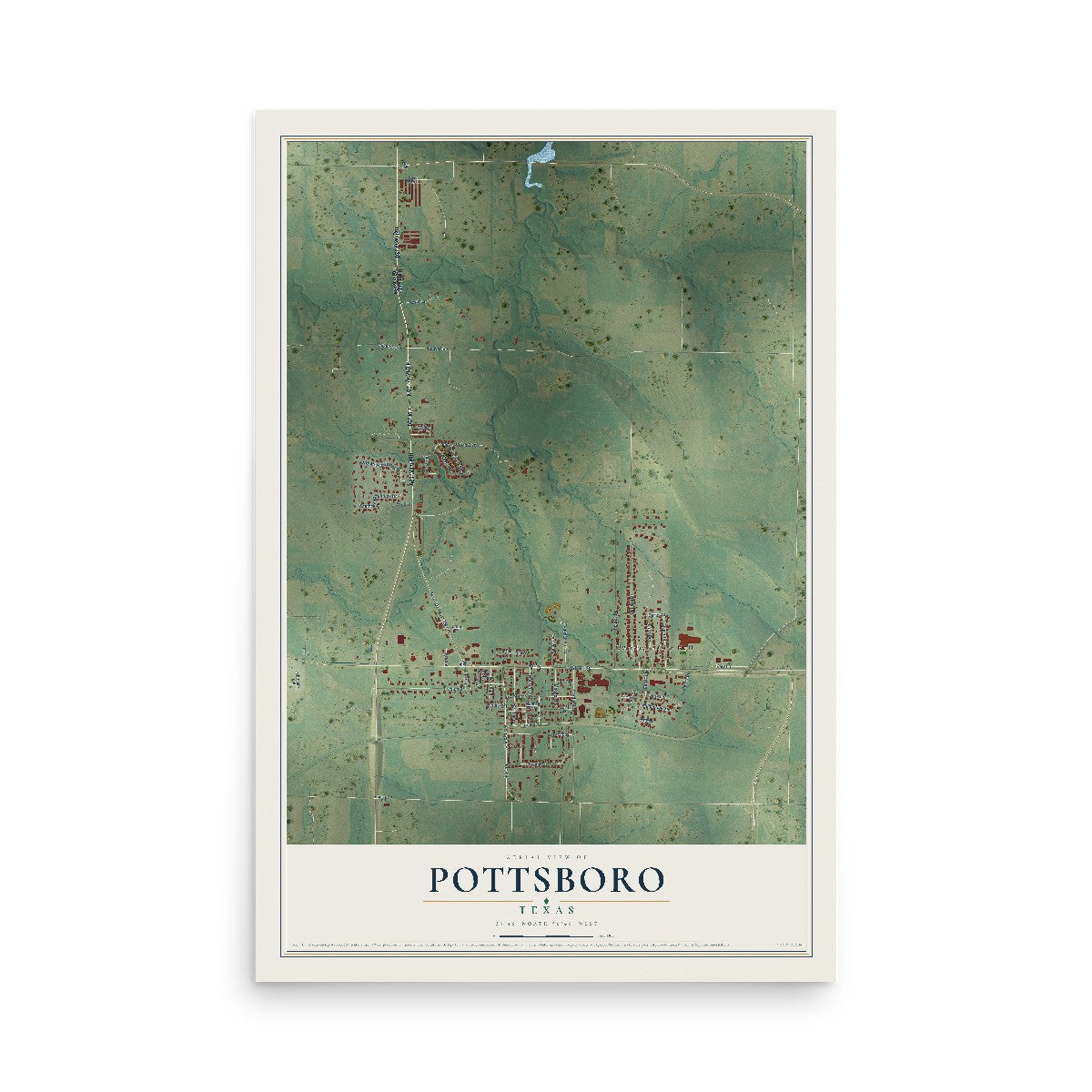 Map of Pottsboro, Texas, 12 x 18 inch unframed archival matte print