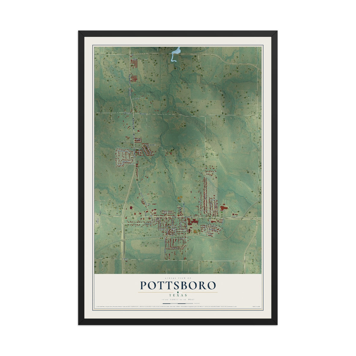 Map of Pottsboro, Texas, 12 x 18 inch print in a black wood frame