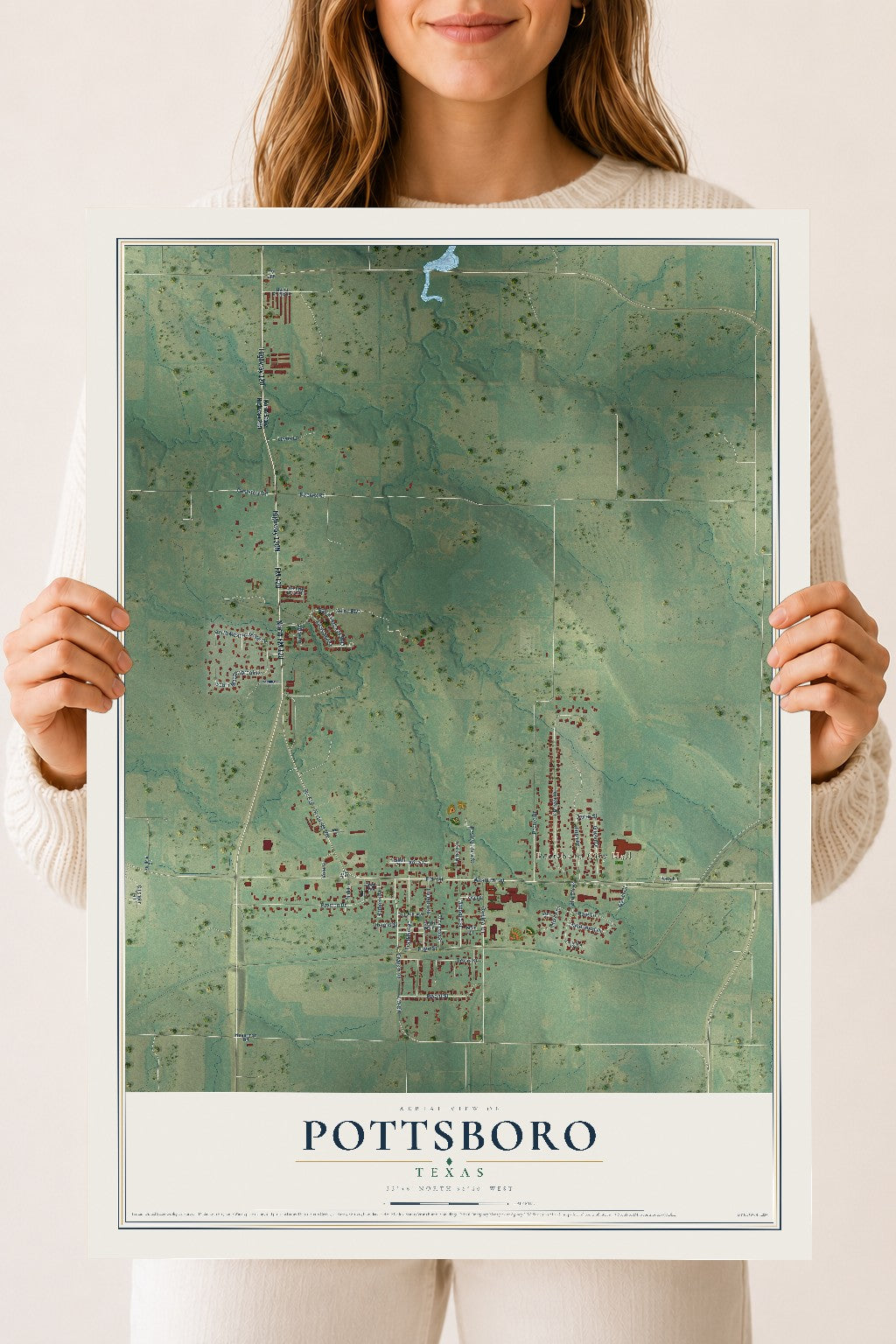 Map of Pottsboro, Texas, 18 x 24 inch unframed archival matte print