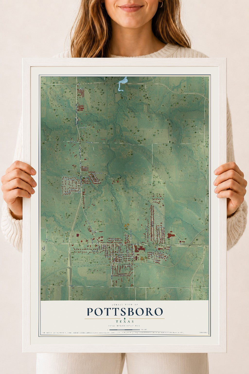 Map of Pottsboro, Texas, 18 x 24 inch print in a white wood frame
