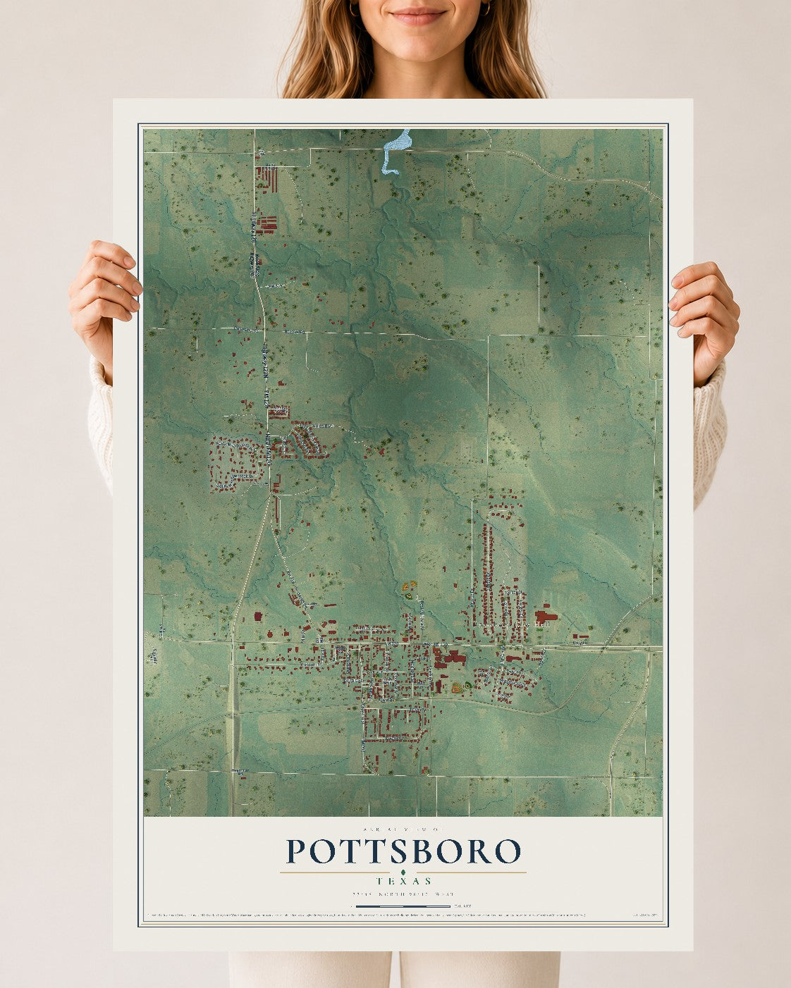 Map of Pottsboro, Texas, 24 x 36 inch unframed archival matte print