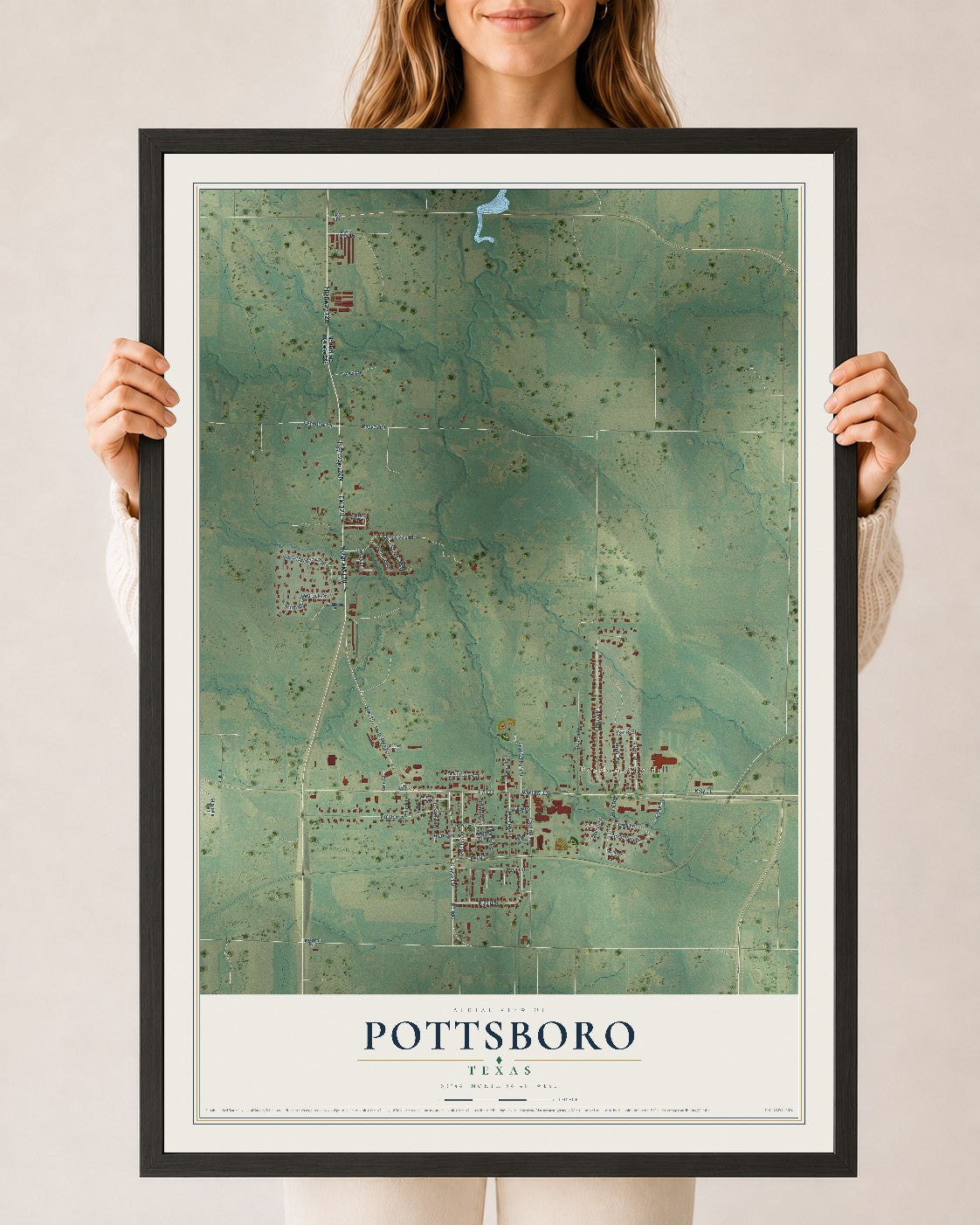 Map of Pottsboro, Texas, 24 x 36 inch print in a black wood frame