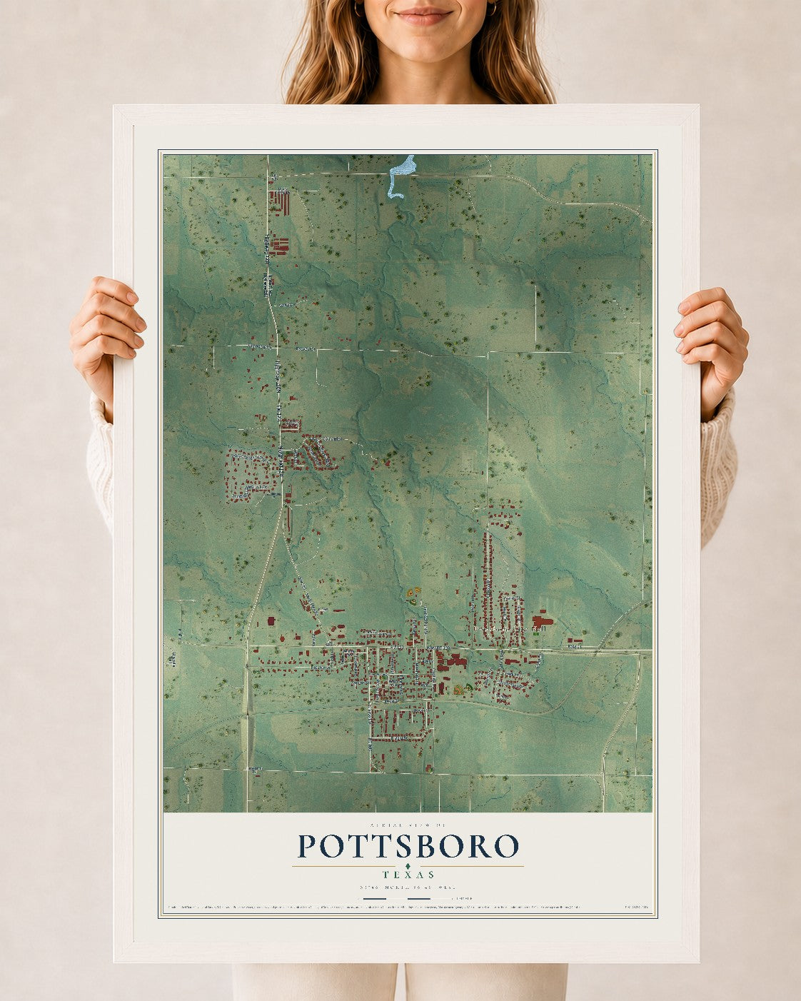 Map of Pottsboro, Texas, 24 x 36 inch print in a white wood frame