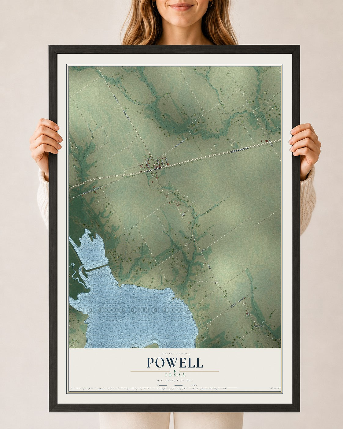 Map of Powell, Texas, 24 x 36 inch print in a black wood frame