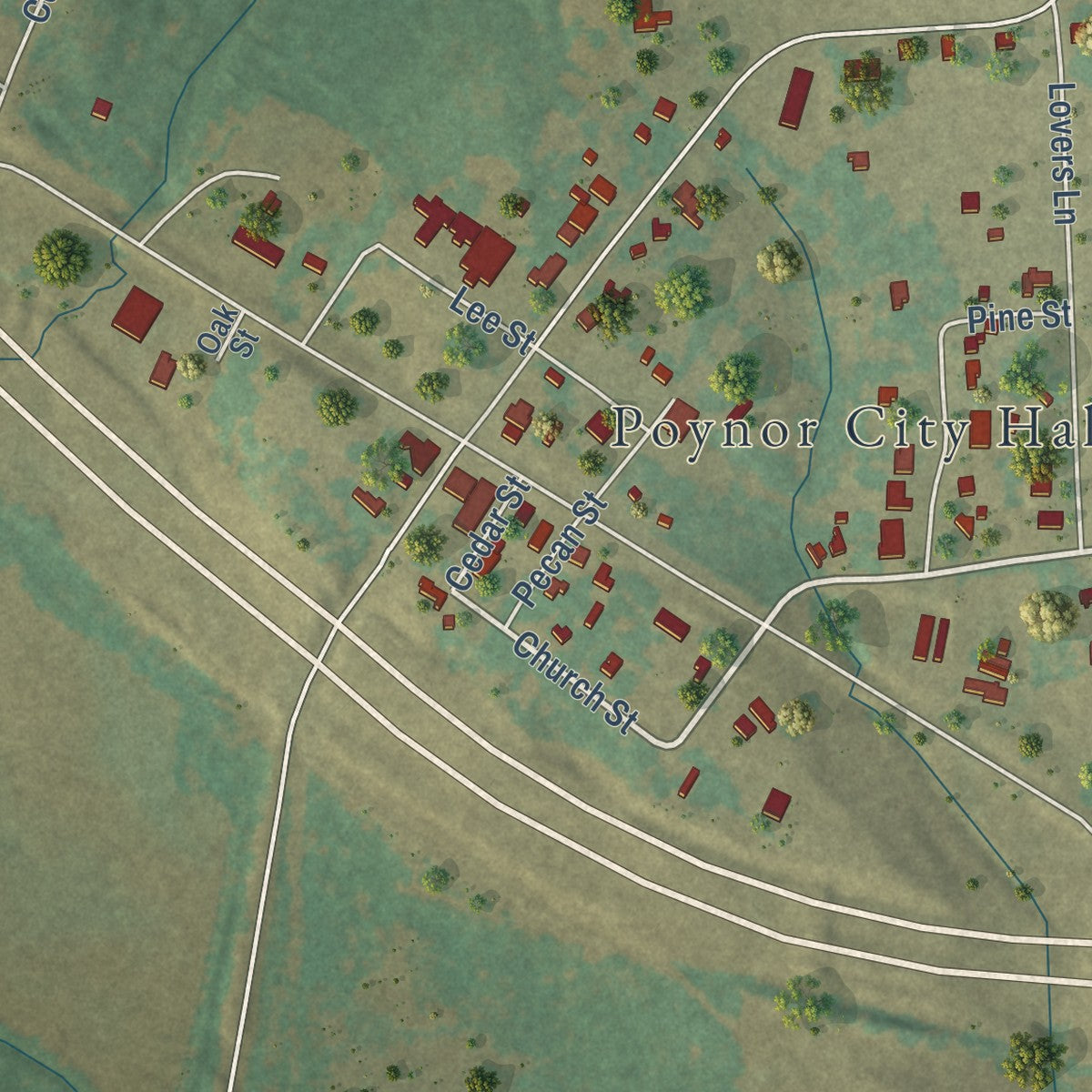 Close-up of the map of Poynor, Texas print showing street and building detail