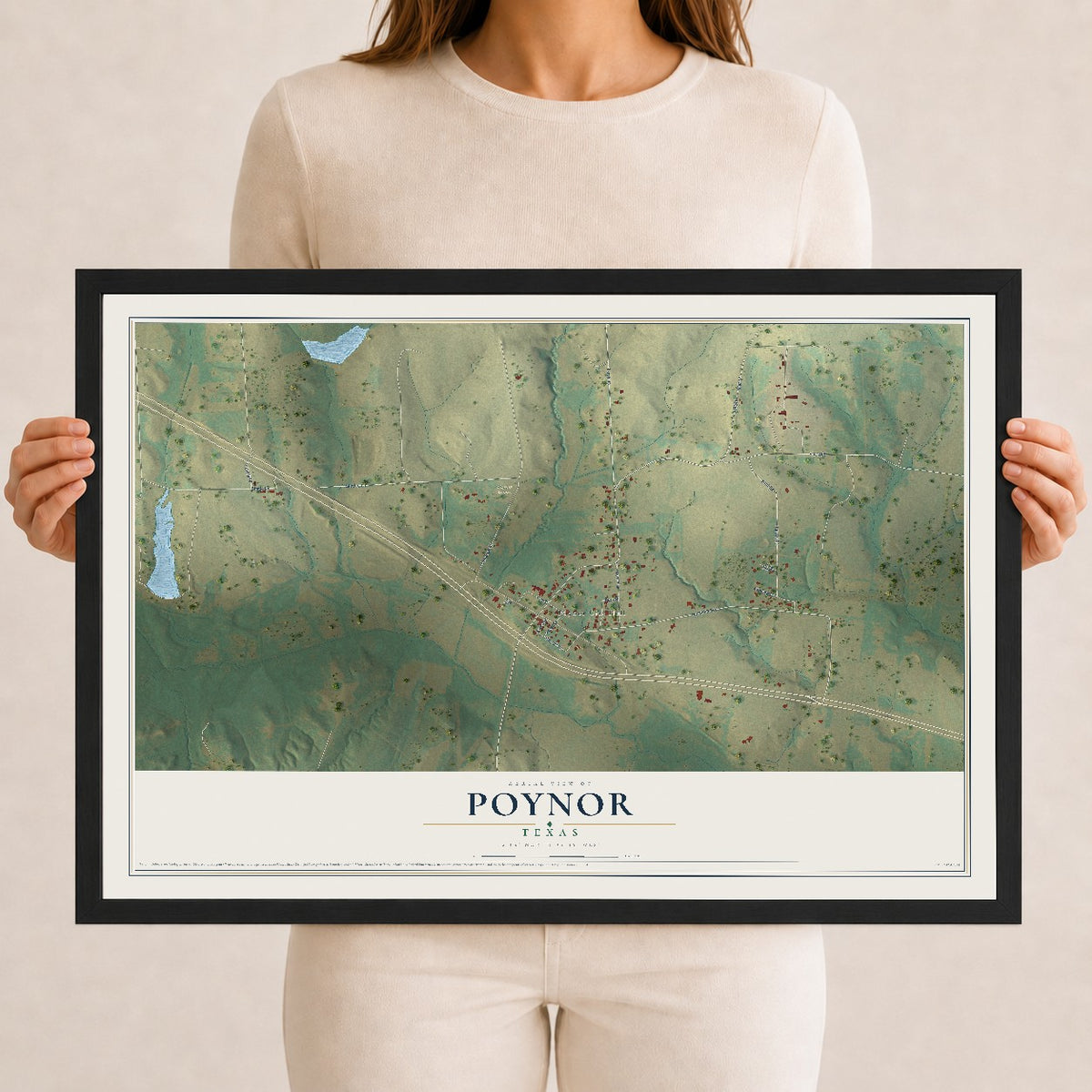 Map of Poynor, Texas, 12 x 18 inch print in a black wood frame