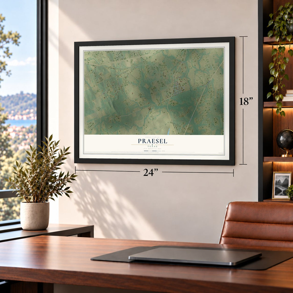 Praesel, Texas map, 18 x 24 inch print in a black frame in a home office