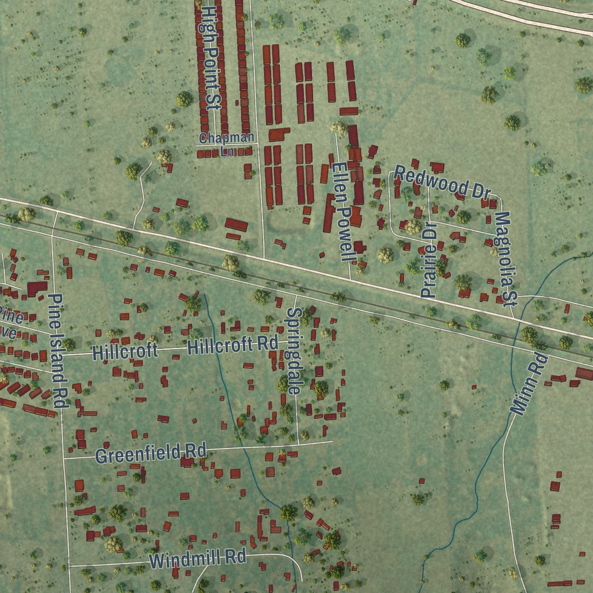 Second close-up of the map of Prairie View, Texas print showing more streets and buildings