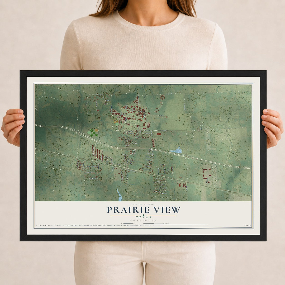 Map of Prairie View, Texas, 12 x 18 inch print in a black wood frame