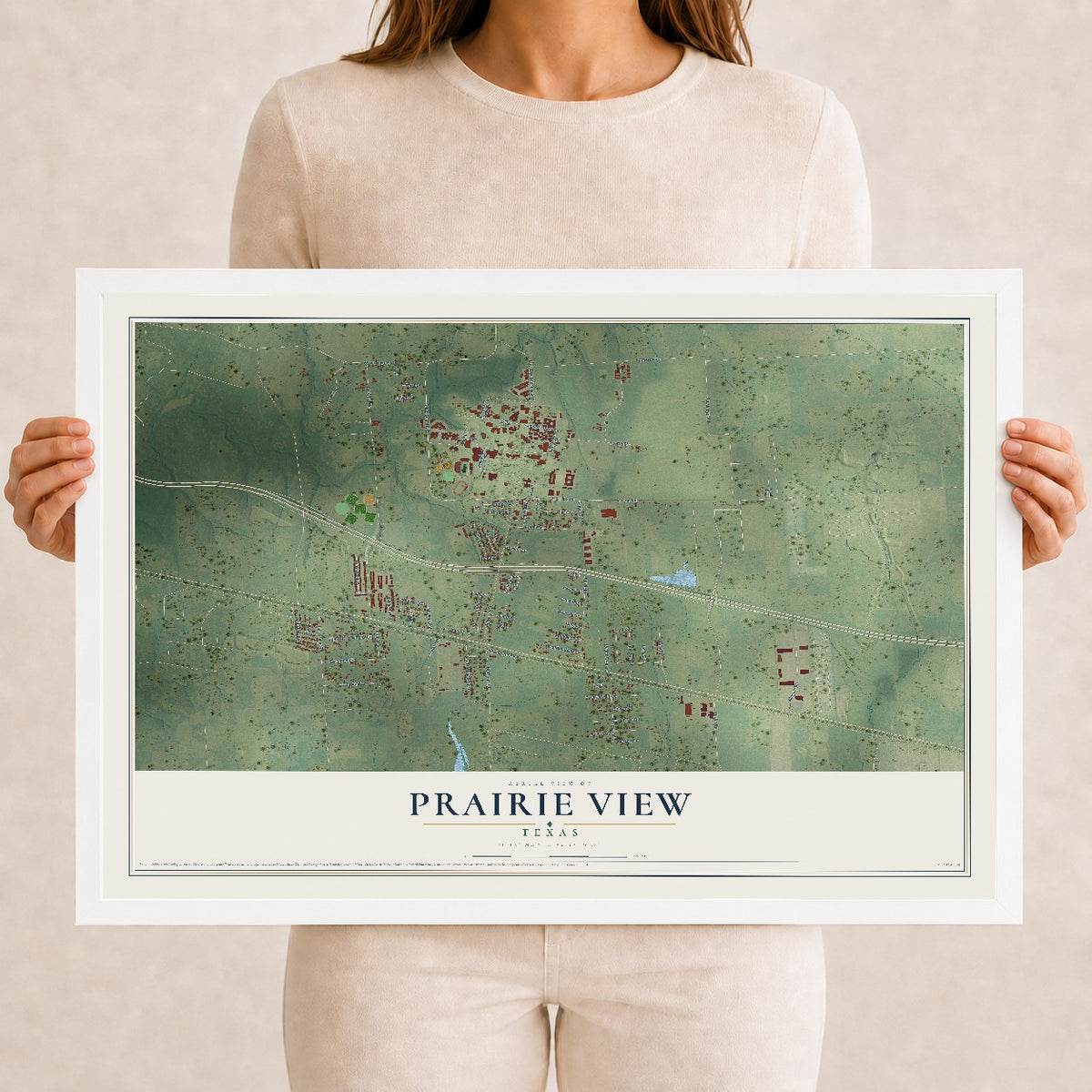 Map of Prairie View, Texas, 12 x 18 inch print in a white wood frame