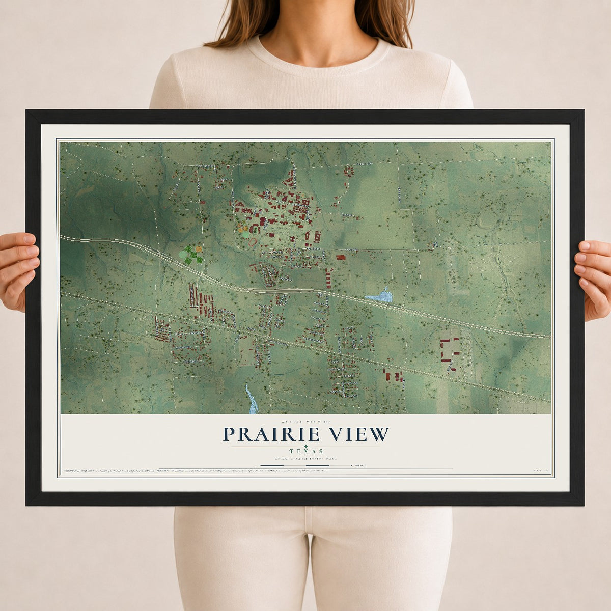 Map of Prairie View, Texas, 18 x 24 inch print in a black wood frame