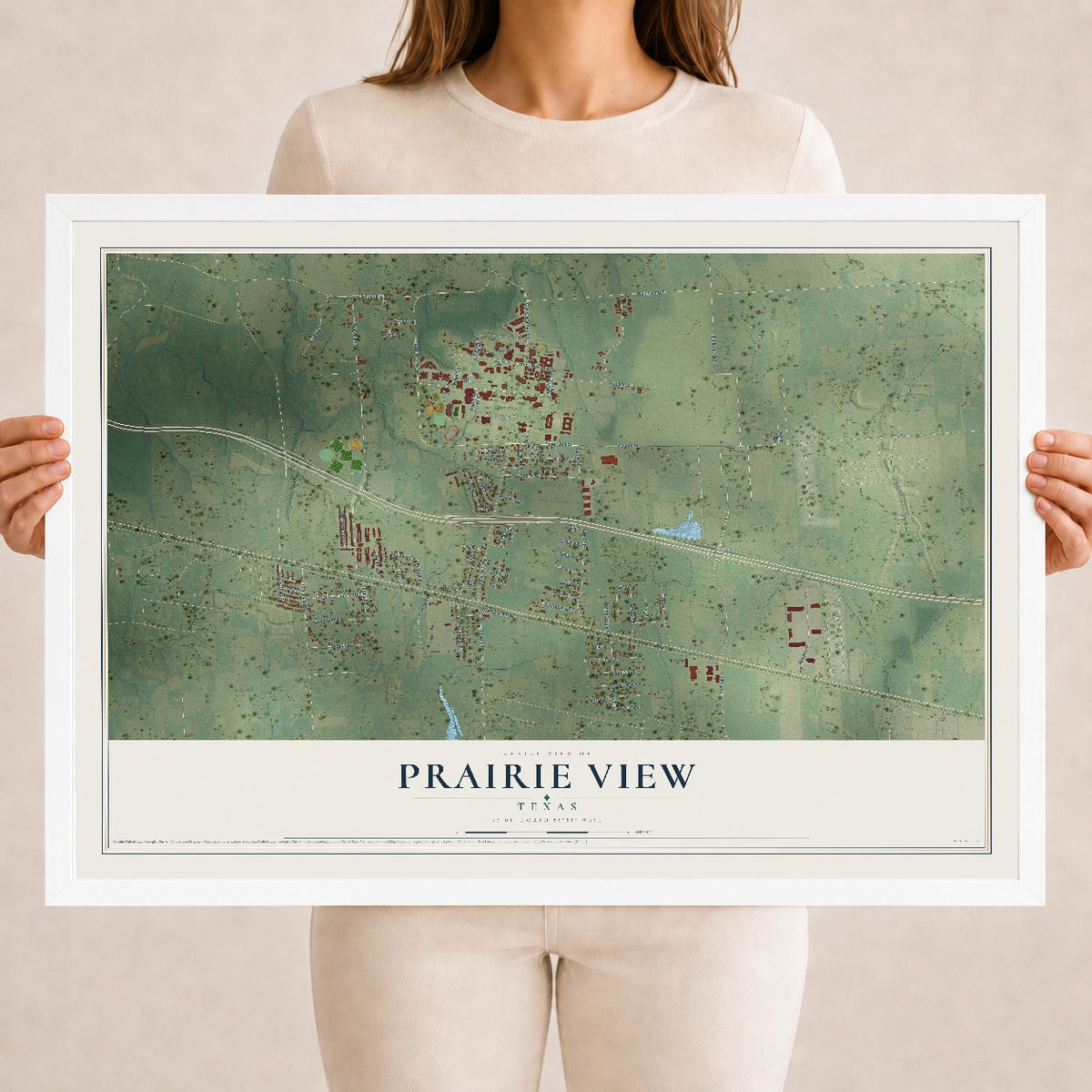 Map of Prairie View, Texas, 18 x 24 inch print in a white wood frame