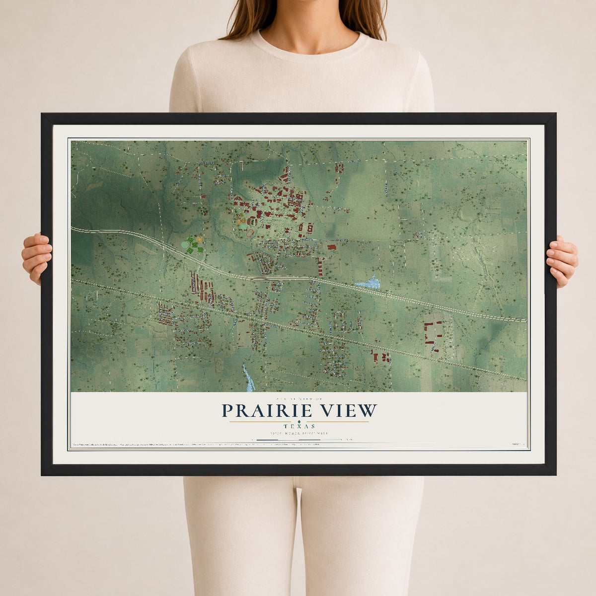 Map of Prairie View, Texas, 24 x 36 inch print in a black wood frame