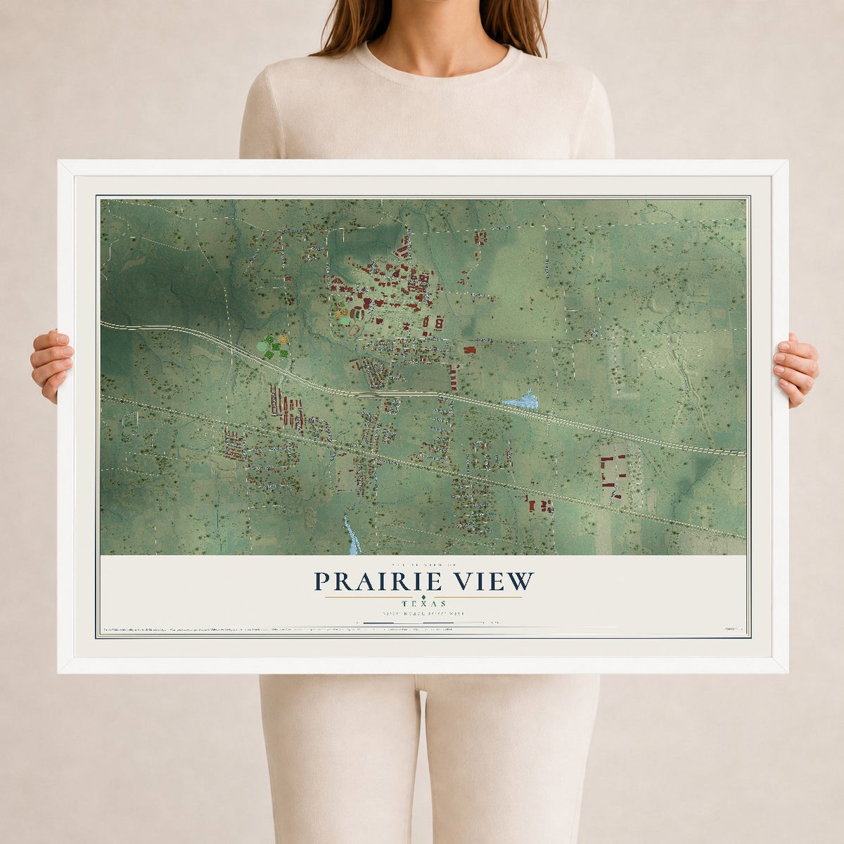 Map of Prairie View, Texas, 24 x 36 inch print in a white wood frame