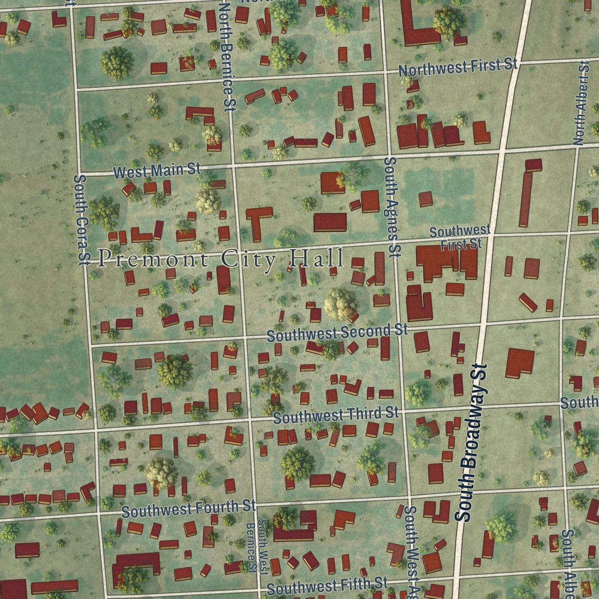 Close-up of the map of Premont, Texas print showing street and building detail