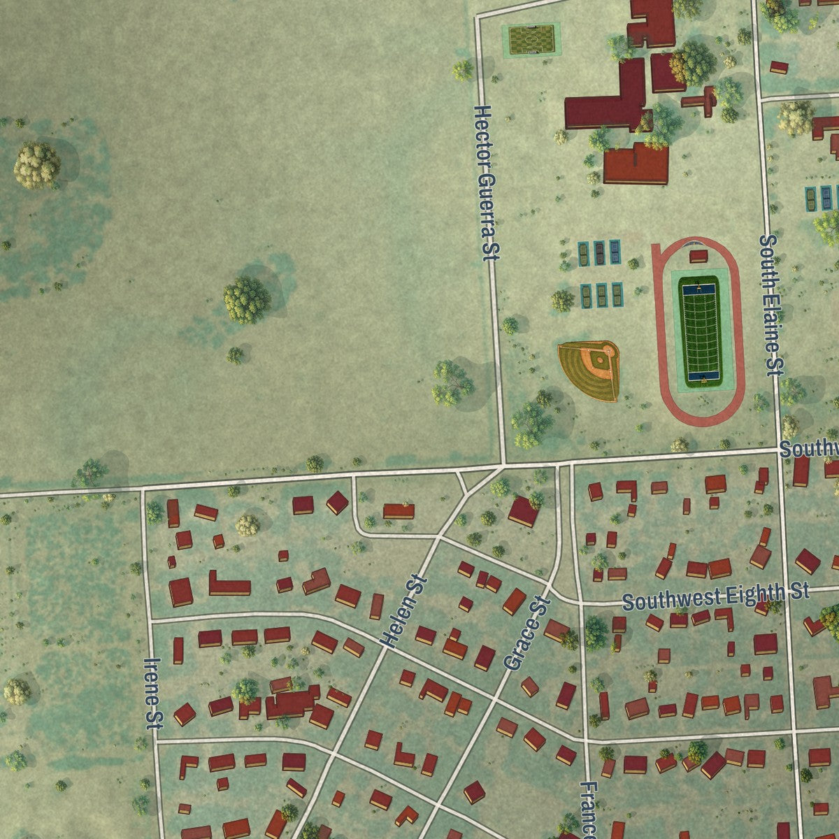 Second close-up of the map of Premont, Texas print showing more streets and buildings