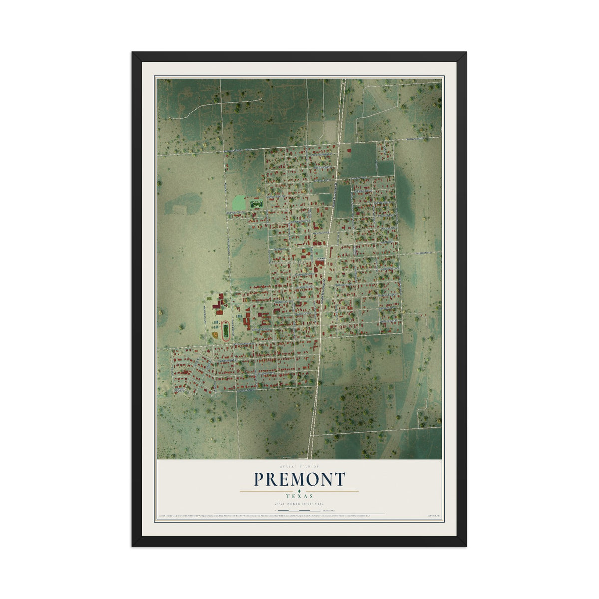 Map of Premont, Texas, 12 x 18 inch print in a black wood frame