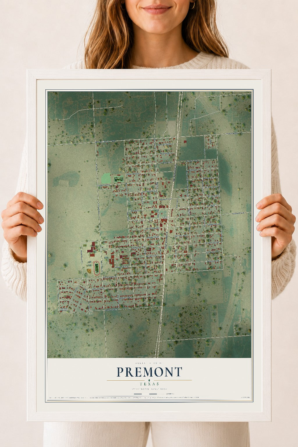Map of Premont, Texas, 18 x 24 inch print in a white wood frame