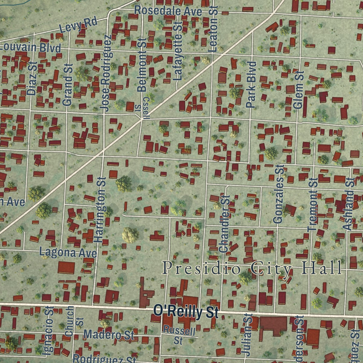 Close-up of the map of Presidio, Texas print showing street and building detail
