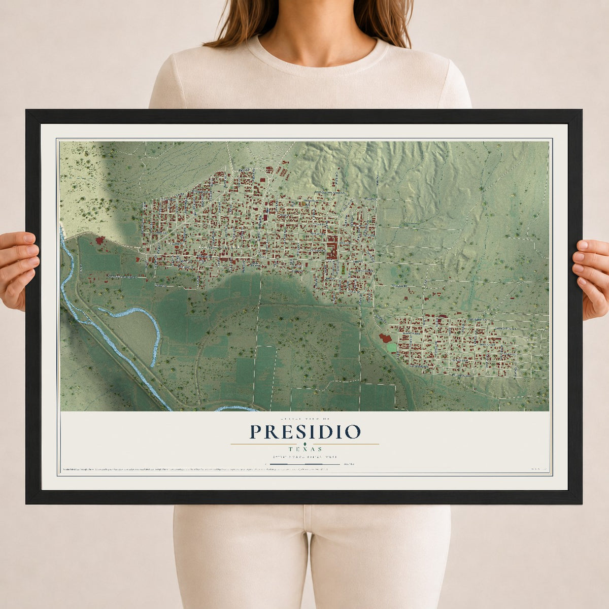 Map of Presidio, Texas, 18 x 24 inch print in a black wood frame