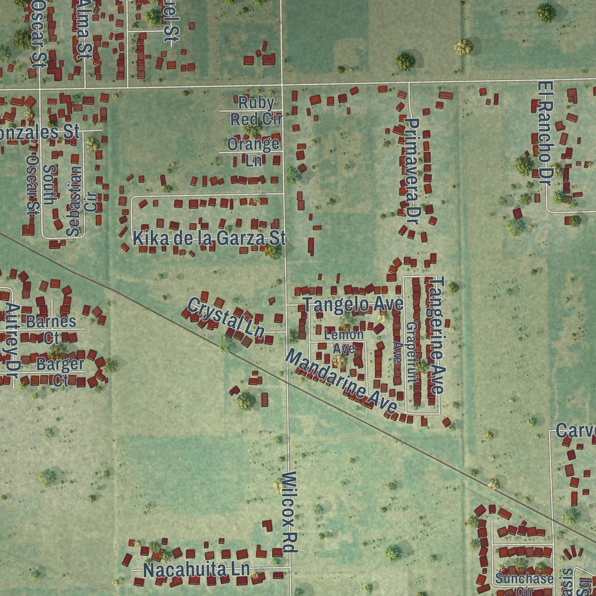 Close-up of the map of Primera, Texas print showing street and building detail