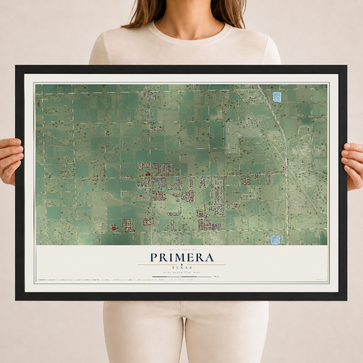 Map of Primera, Texas, 18 x 24 inch print in a black wood frame