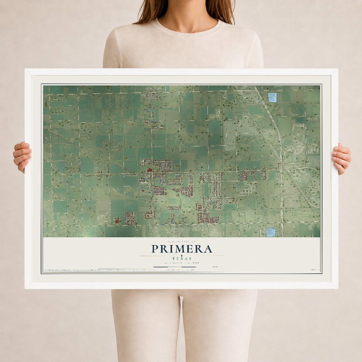 Map of Primera, Texas, 24 x 36 inch print in a white wood frame