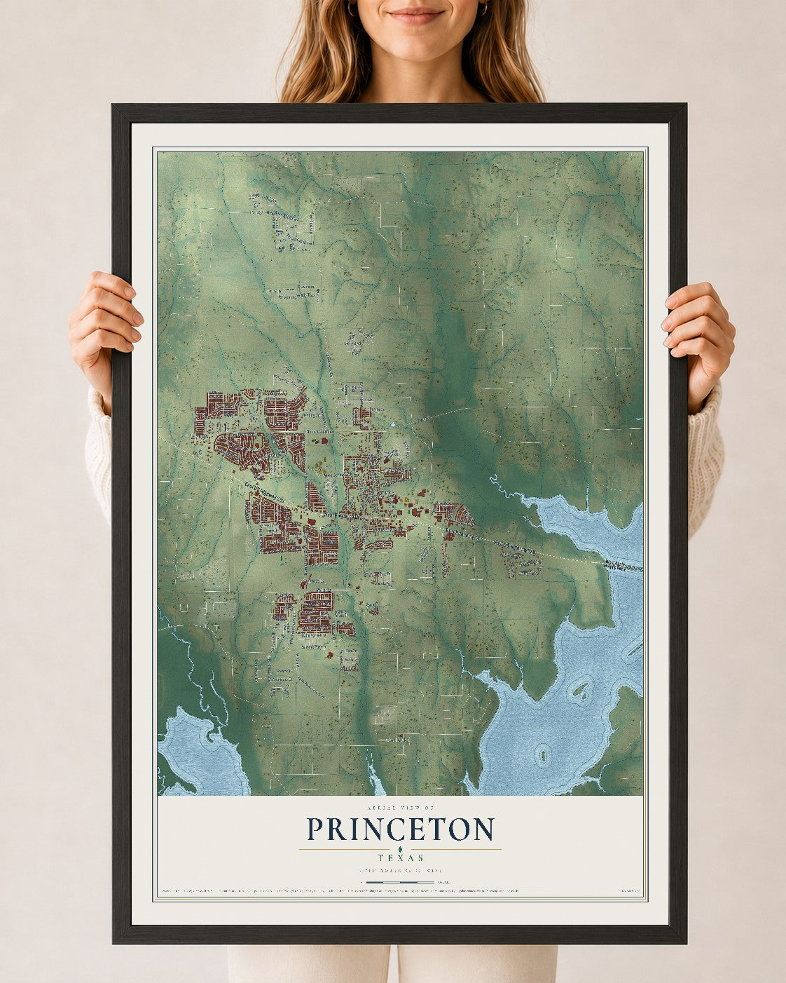 Map of Princeton, Texas, 24 x 36 inch print in a black wood frame
