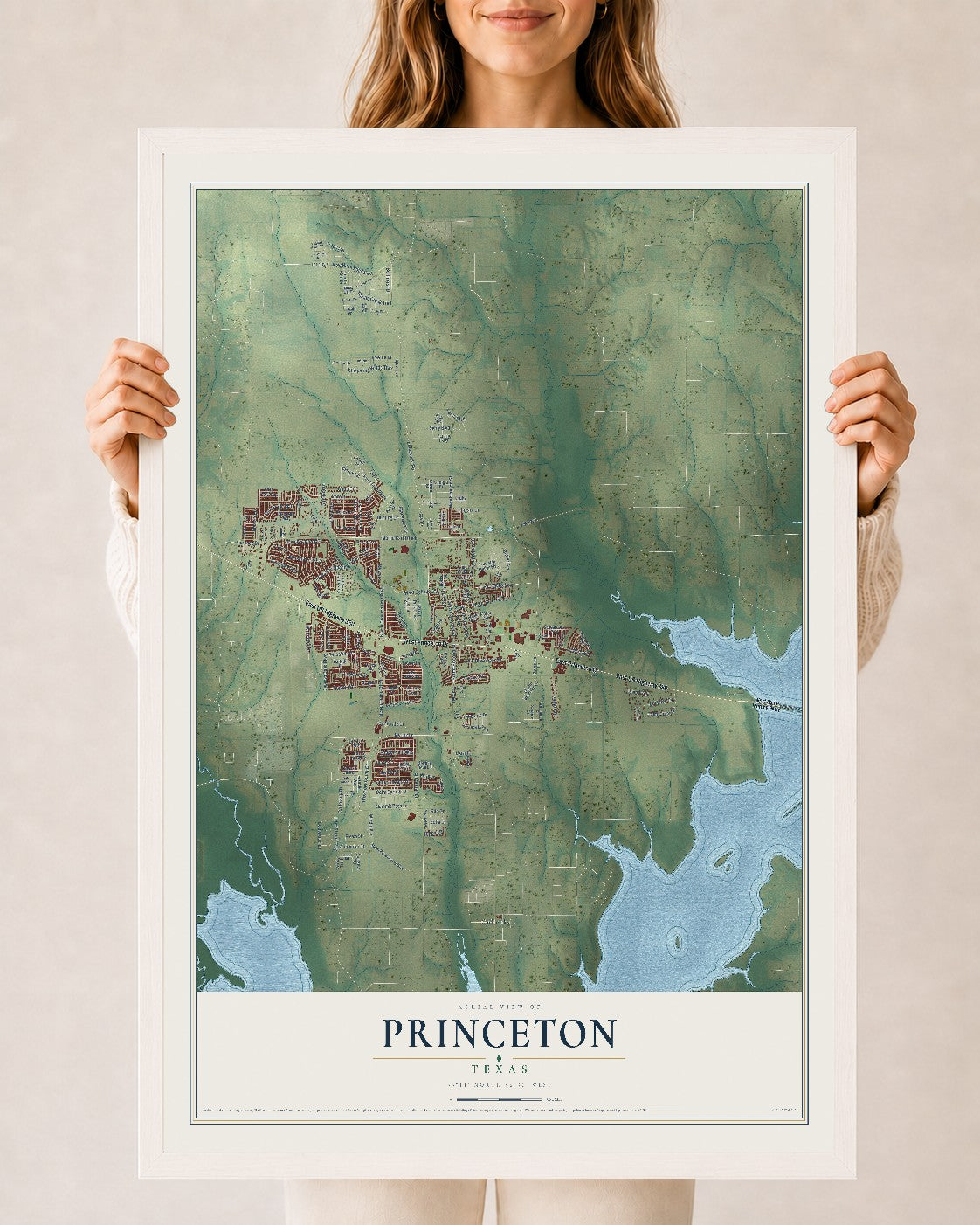 Map of Princeton, Texas, 24 x 36 inch print in a white wood frame