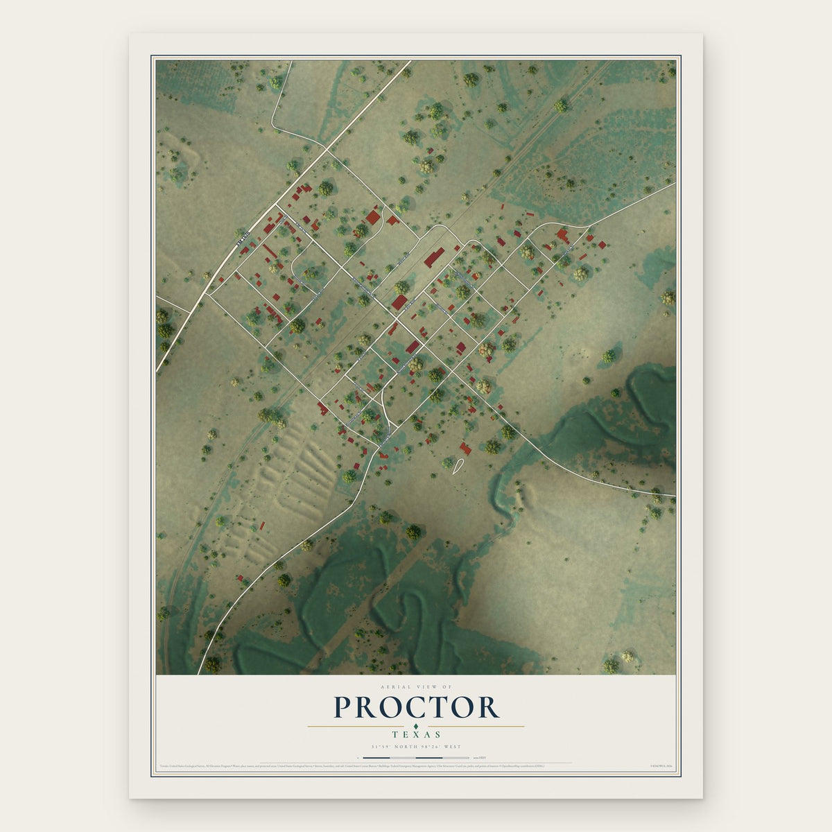 Proctor, Texas map print, the full design
