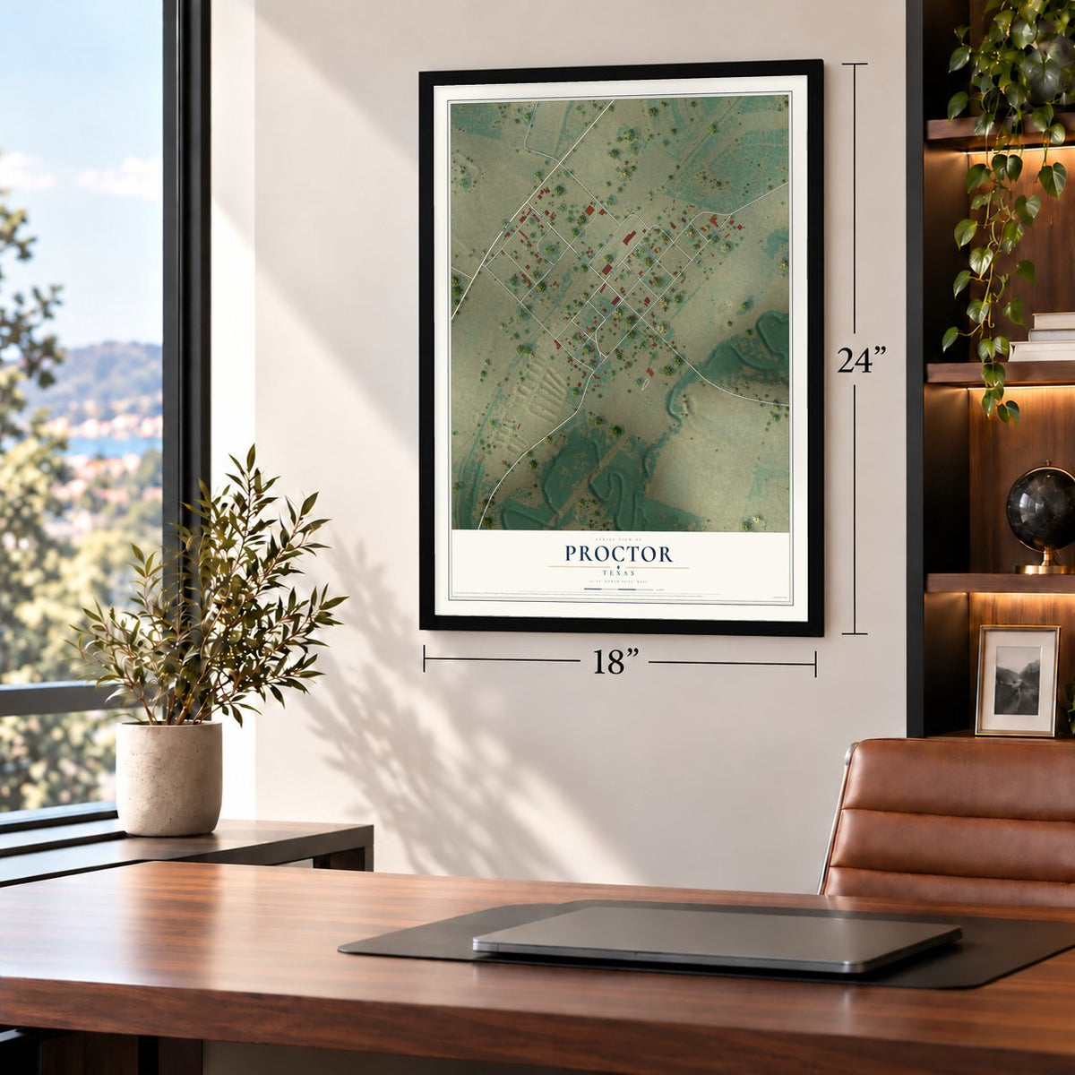 Proctor, Texas map, 18 x 24 inch print in a black frame in a home office
