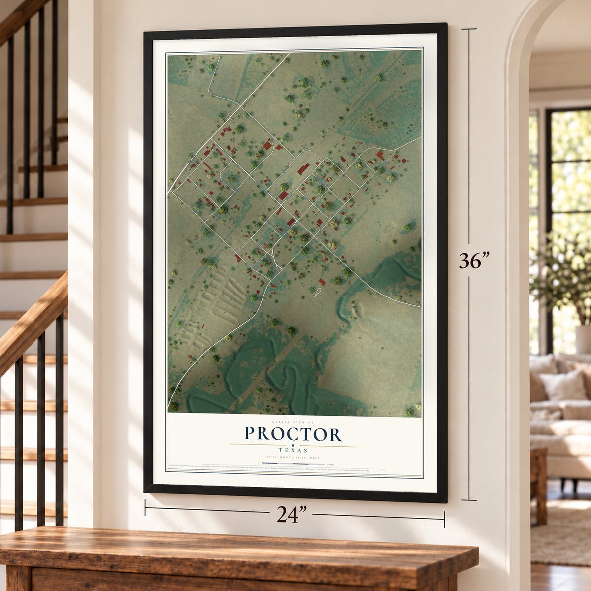 Proctor, Texas map, 24 x 36 inch print in a black frame by a staircase