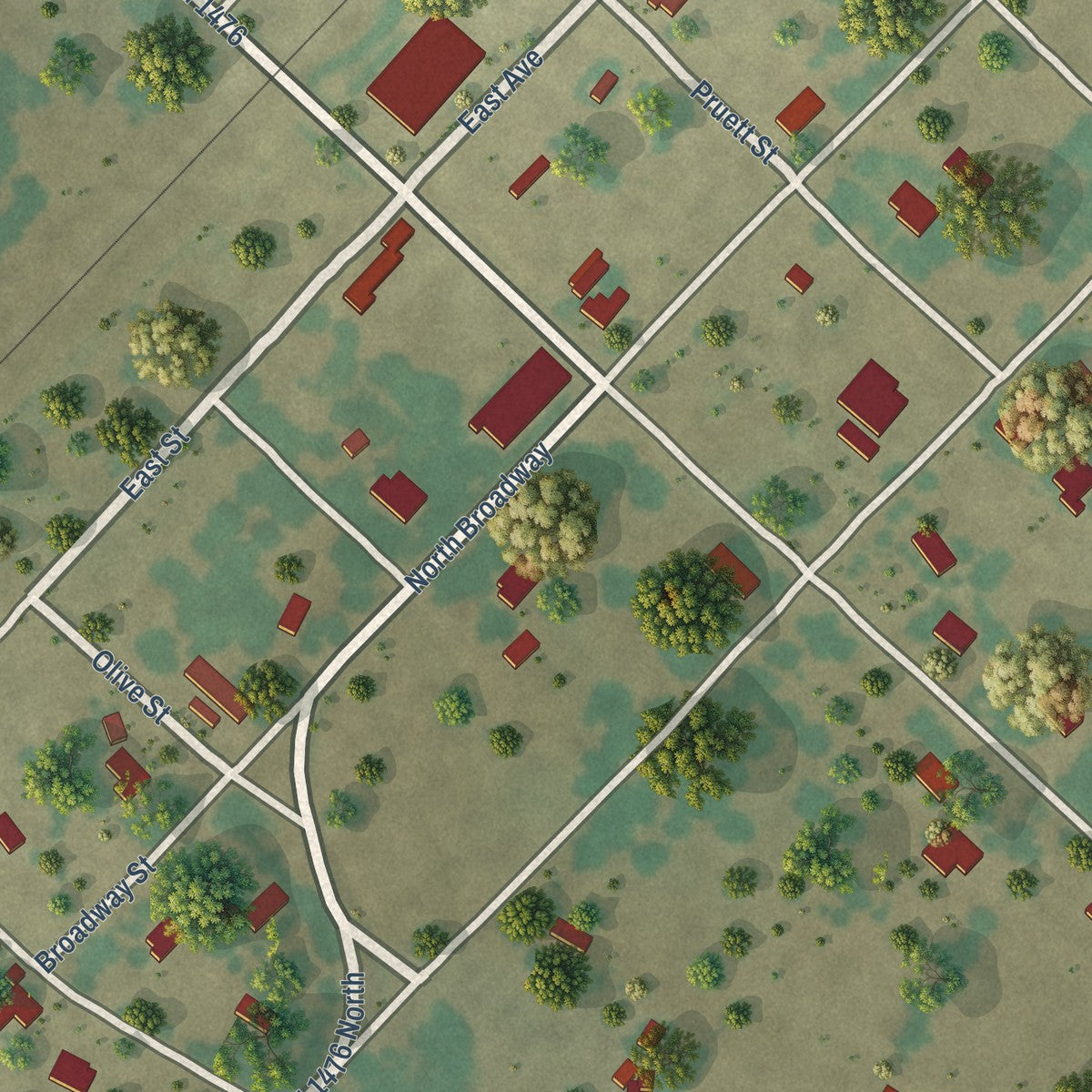 Close-up of the map of Proctor, Texas print showing street and building detail