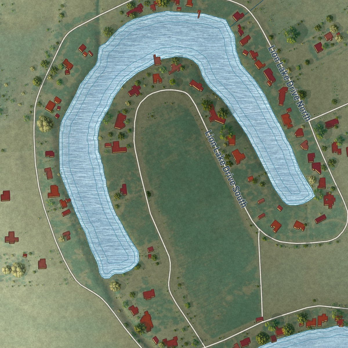 Close-up of the map of Progreso Lakes, Texas print showing street and building detail