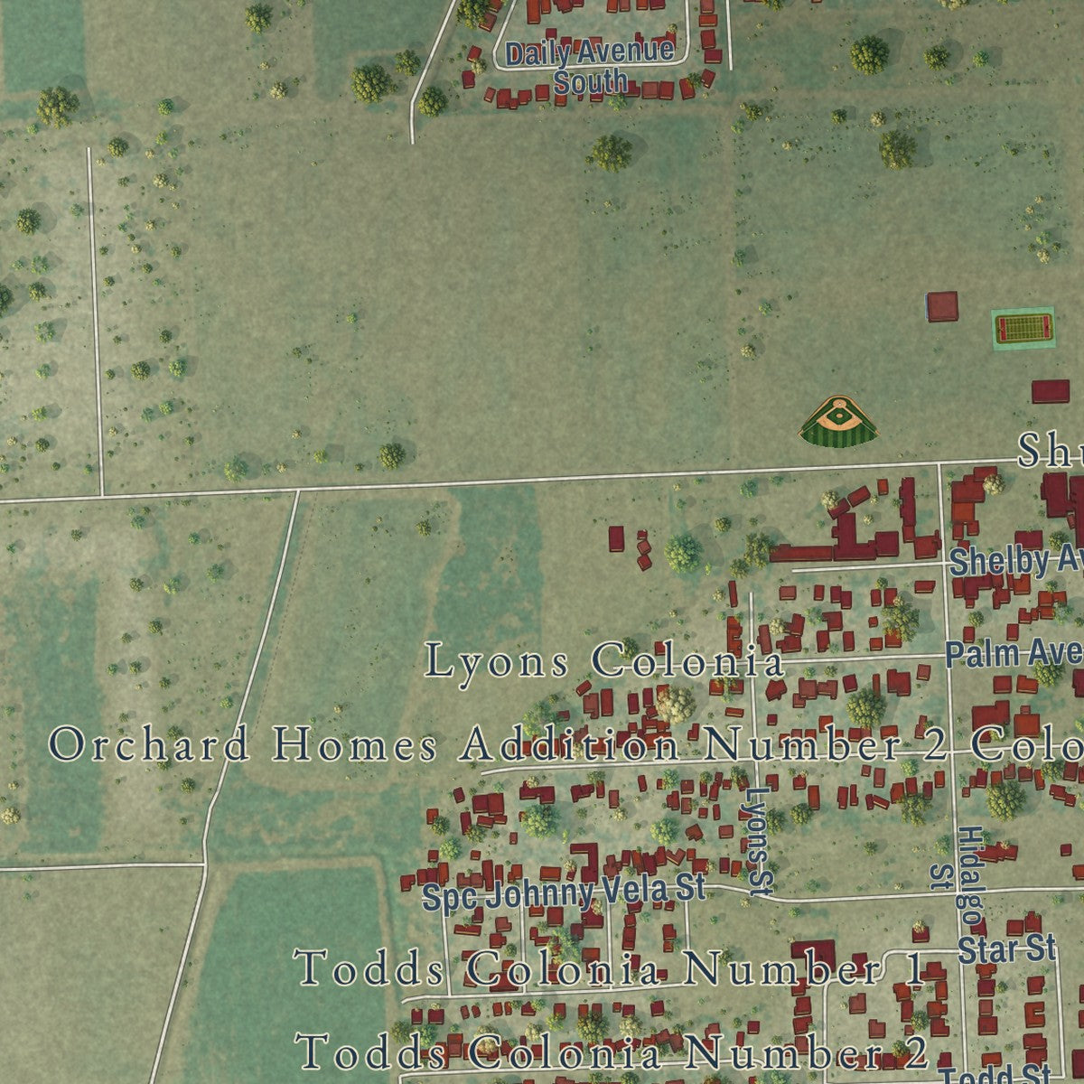 Second close-up of the map of Progreso, Texas print showing more streets and buildings